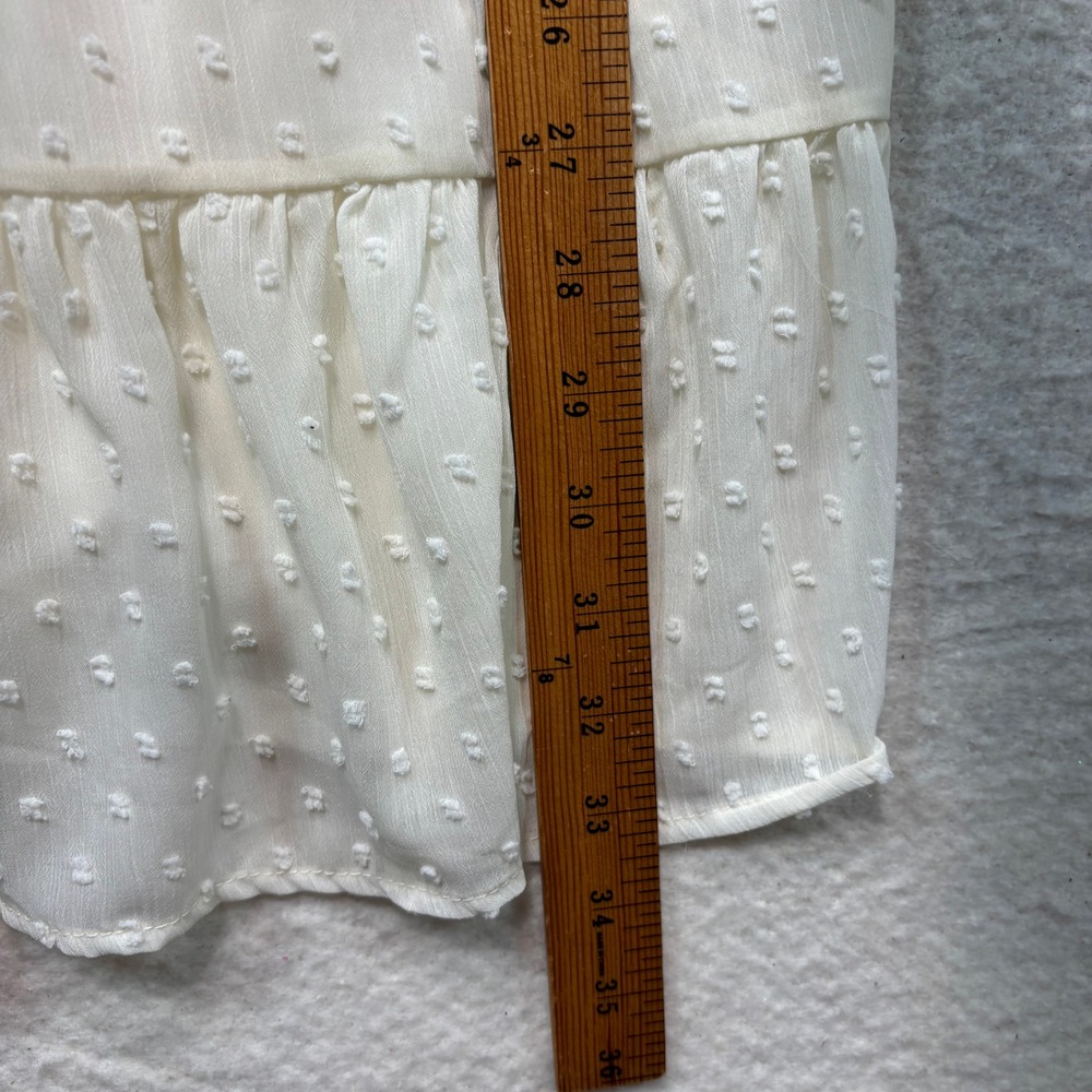 Wishful Thinking Cream Swiss Dot Mini Dress Smocked Waist Ruffle Hem Medium #390 - Picture 9 of 11
